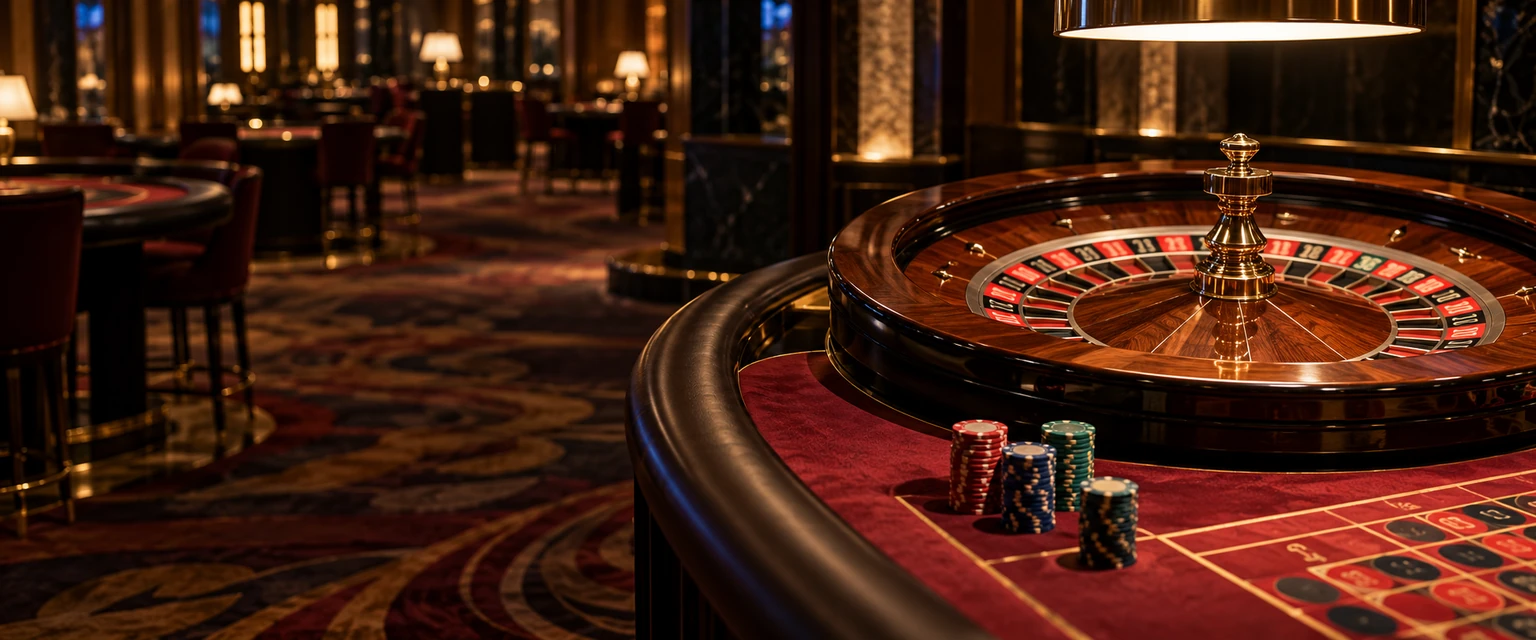 Ruleta de madera y fichas sobre una mesa de paño rojo